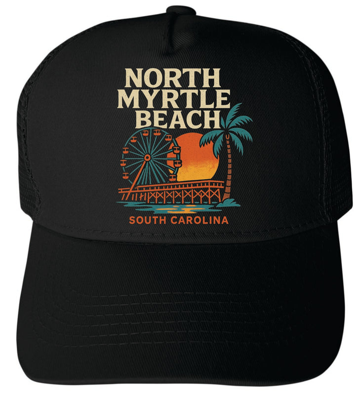 North Myrtle Beach South Carolina Vintage Design Black Unisex Mesh Back Trucker Hat with Adjustable Snapback Black