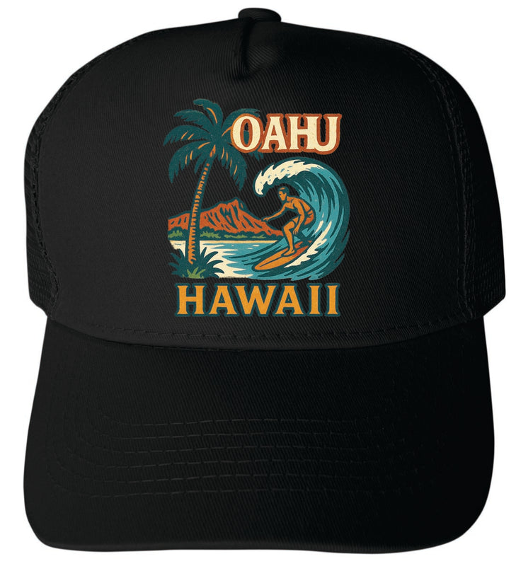Oahu Hawaii Vintage Design Black Unisex Mesh Back Trucker Hat with Adjustable Snapback Black