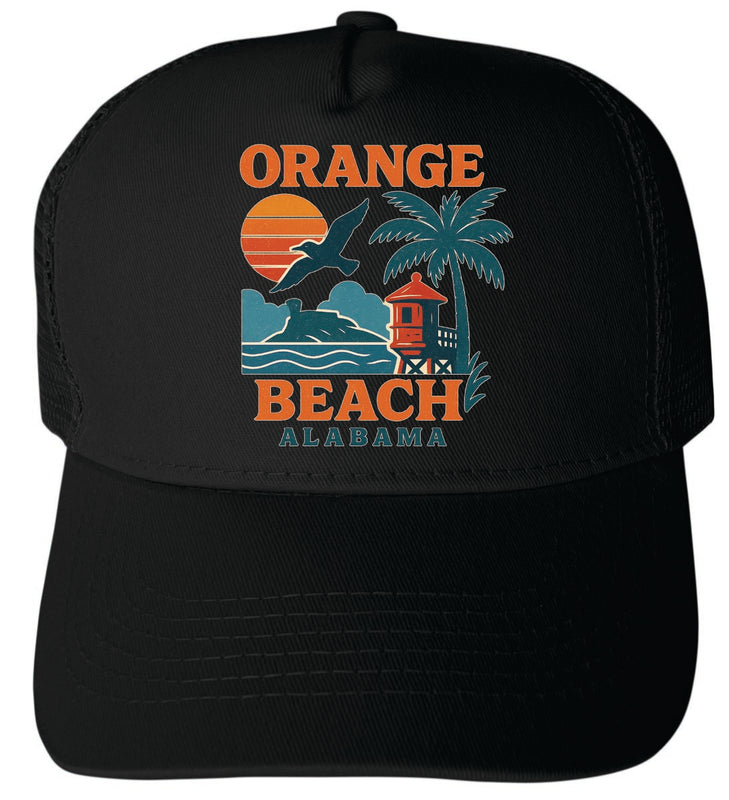Orange Beach Alabama Vintage Design Black Unisex Mesh Back Trucker Hat with Adjustable Snapback Black