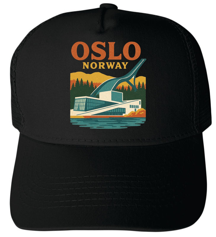 Oslo Norway Vintage Design Black Unisex Mesh Back Trucker Hat with Adjustable Snapback Black