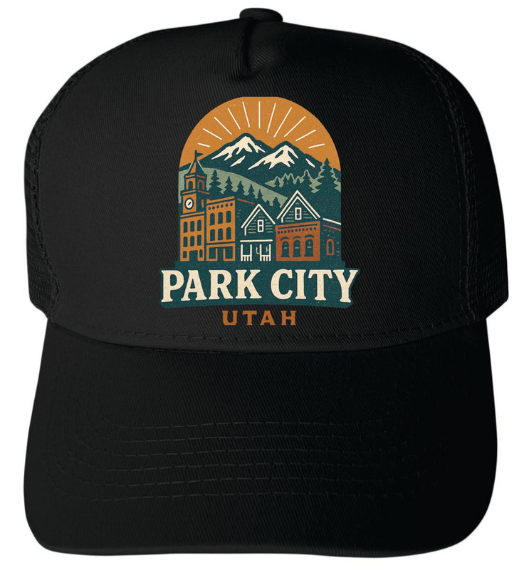 Park City Utah Vintage Design Black Unisex Mesh Back Trucker Hat with Adjustable Snapback Black