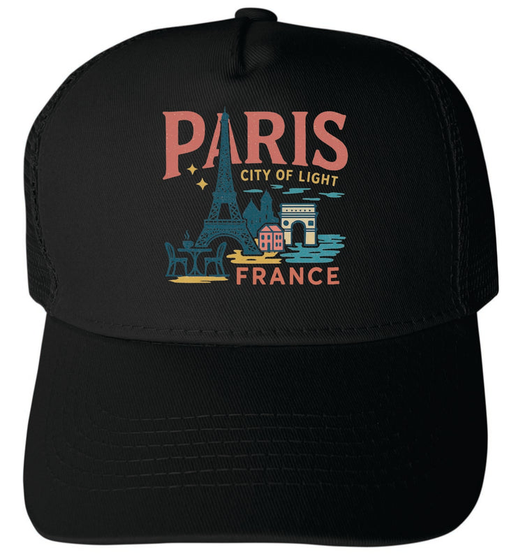 Paris France Vintage Design Black Unisex Mesh Back Trucker Hat with Adjustable Snapback Black