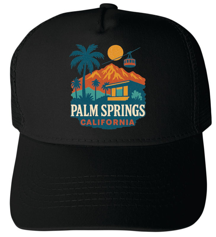 Palm Springs California Vintage Design Black Unisex Mesh Back Trucker Hat with Adjustable Snapback Black