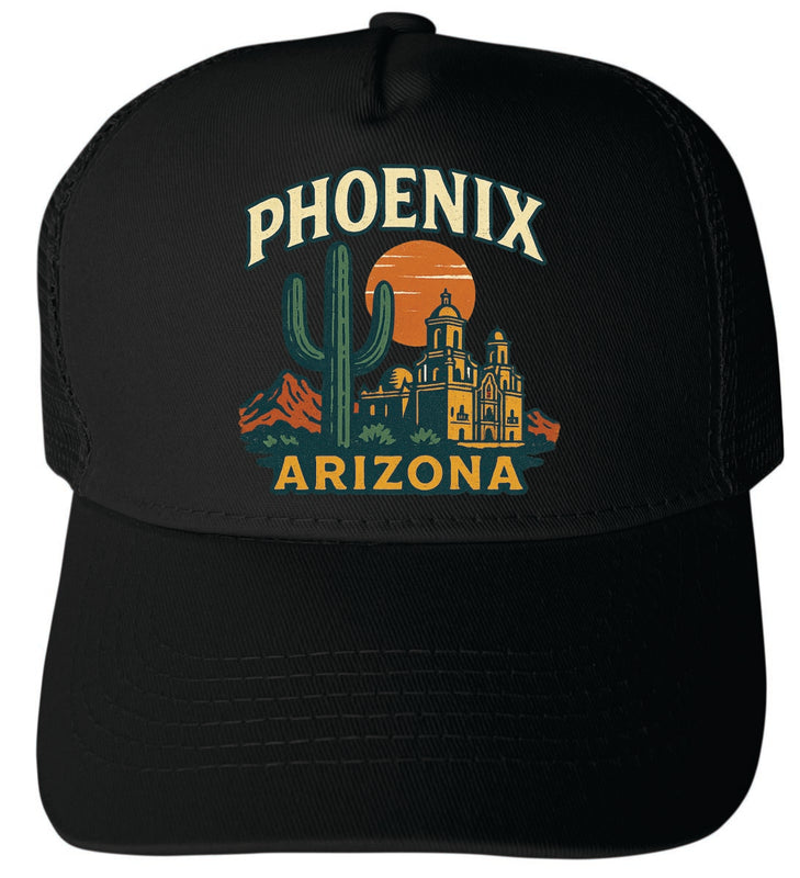 Phoenix Arizona Vintage Design Black Unisex Mesh Back Trucker Hat with Adjustable Snapback Black
