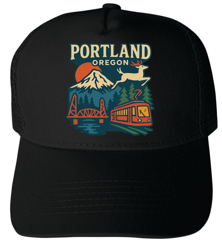 Portland Oregon Vintage Design Black Unisex Mesh Back Trucker Hat with Adjustable Snapback Black