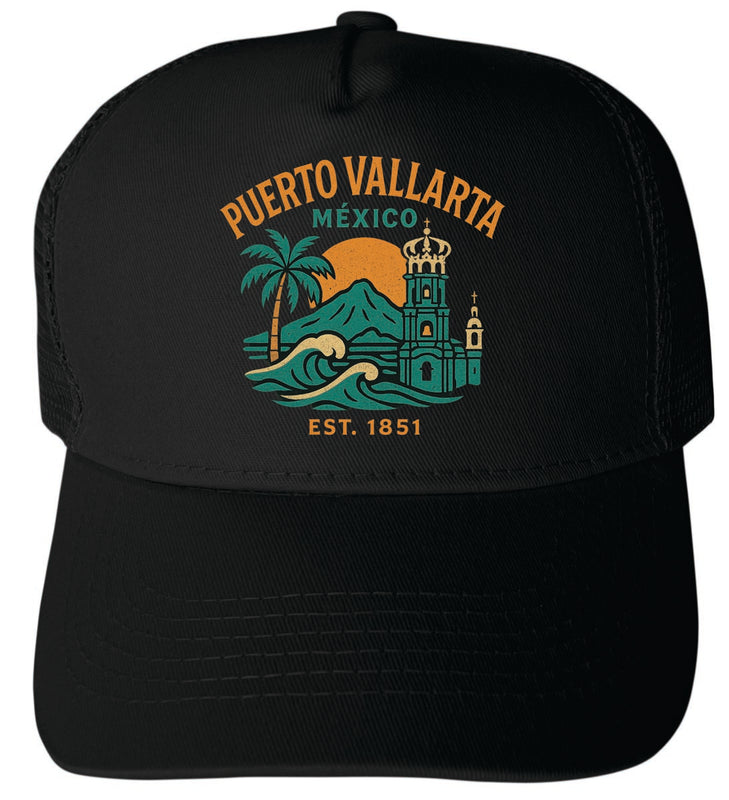 Puerto Vallarta Mexico Vintage Design Black Unisex Mesh Back Trucker Hat with Adjustable Snapback Black