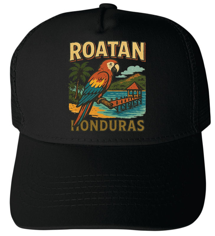 Roatan Honduras Vintage Design Black Unisex Mesh Back Trucker Hat with Adjustable Snapback Black