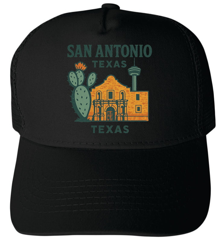 San Antonio Texas Vintage Design Black Unisex Mesh Back Trucker Hat with Adjustable Snapback Black