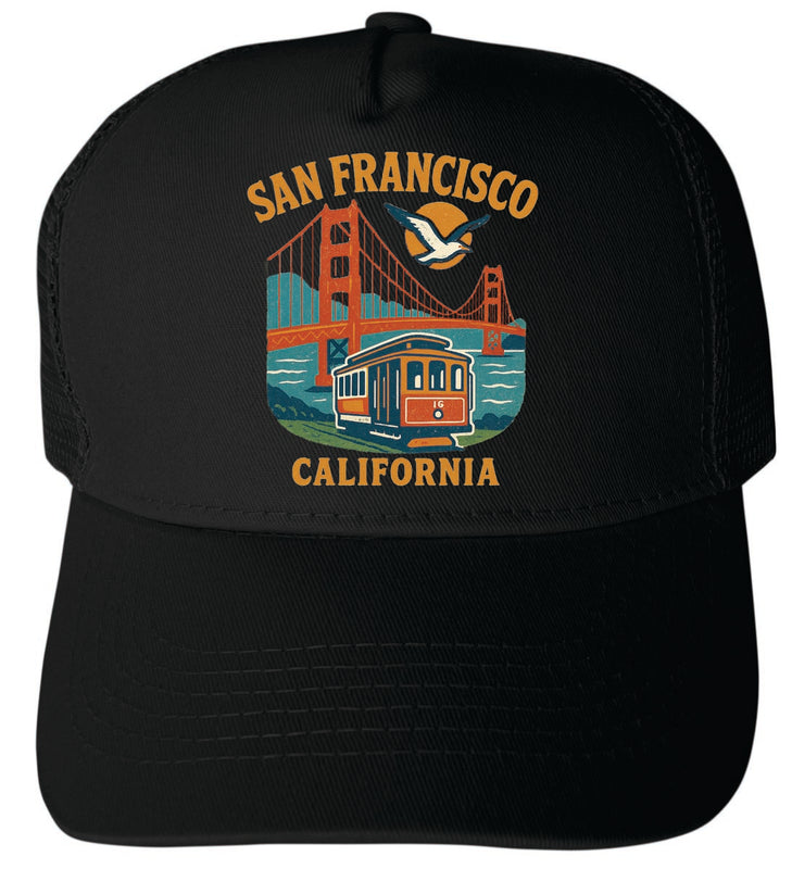 San Francisco California Vintage Design Black Unisex Mesh Back Trucker Hat with Adjustable Snapback Black