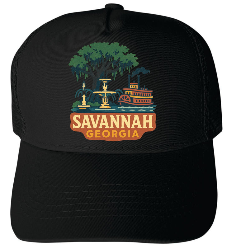 Savannah Georgia Vintage Design Black Unisex Mesh Back Trucker Hat with Adjustable Snapback Black