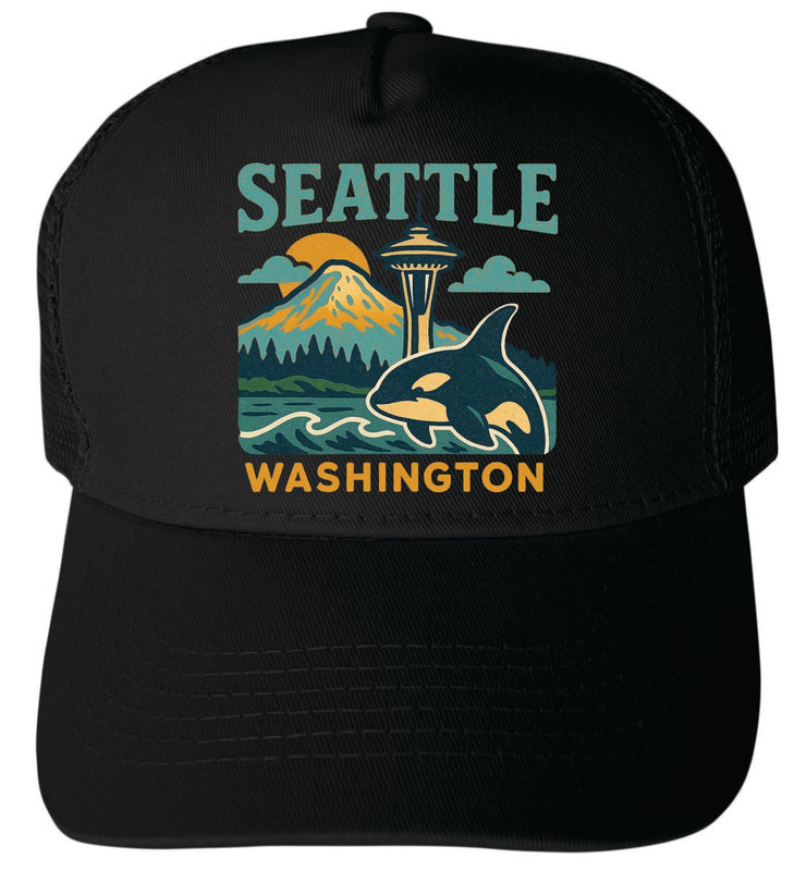 Seattle Washington Vintage Design Black Unisex Mesh Back Trucker Hat with Adjustable Snapback Black