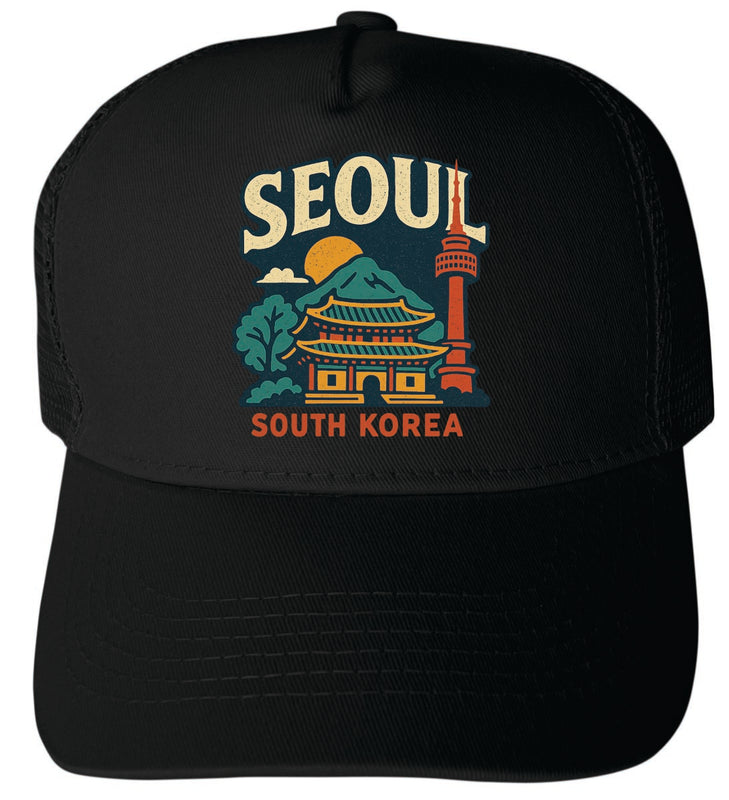 Seoul South Korea Vintage Design Black Unisex Mesh Back Trucker Hat with Adjustable Snapback Black