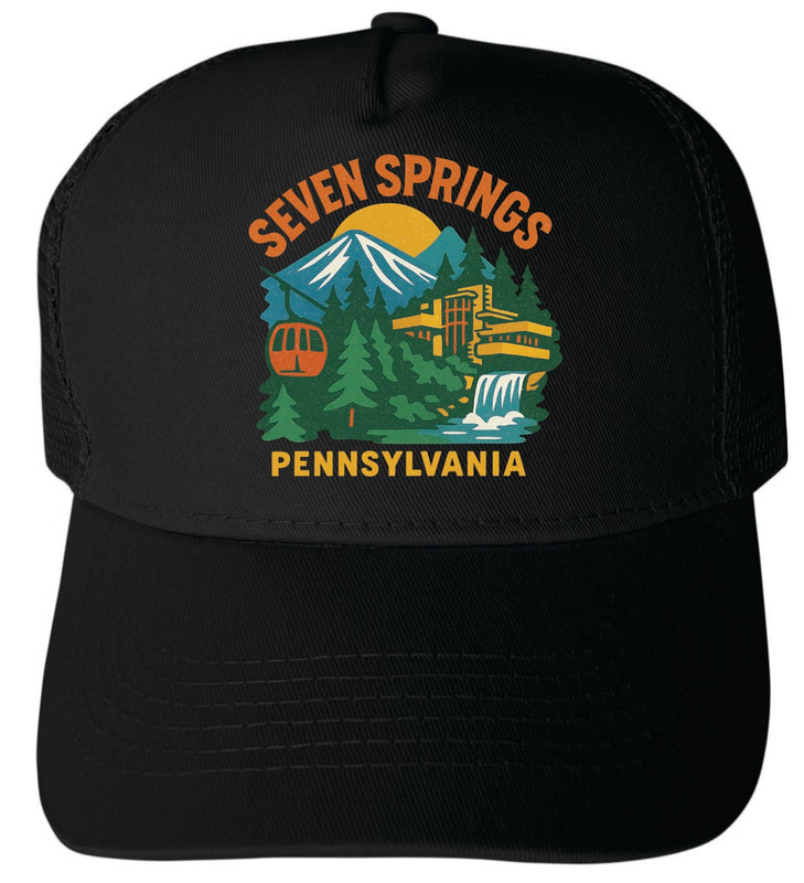 Seven Springs Pennsylvania Vintage Design Black Unisex Mesh Back Trucker Hat with Adjustable Snapback Black