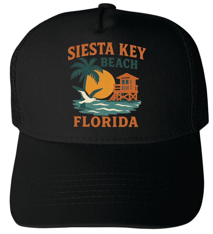 Siesta Key Beach Florida Vintage Design Black Unisex Mesh Back Trucker Hat with Adjustable Snapback Black