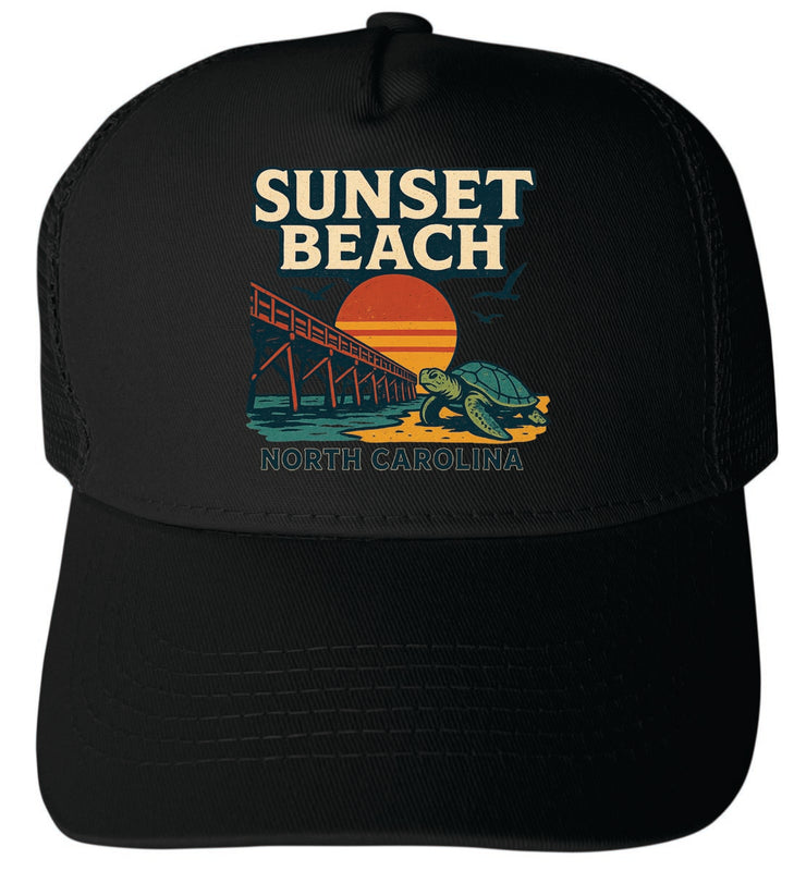 Sunset Beach North Carolina Vintage Design Black Unisex Mesh Back Trucker Hat with Adjustable Snapback Black