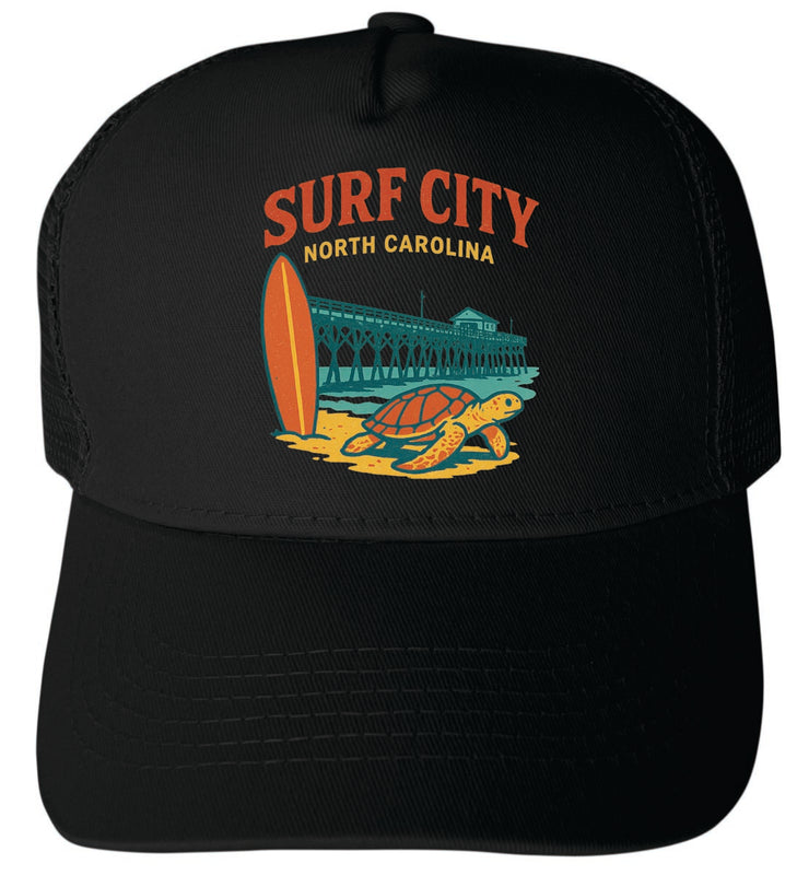 Surf City North Carolina Vintage Design Black Unisex Mesh Back Trucker Hat with Adjustable Snapback Black