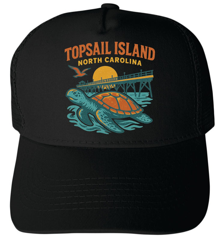 Topsail Island North Carolina Vintage Design Black Unisex Mesh Back Trucker Hat with Adjustable Snapback Black