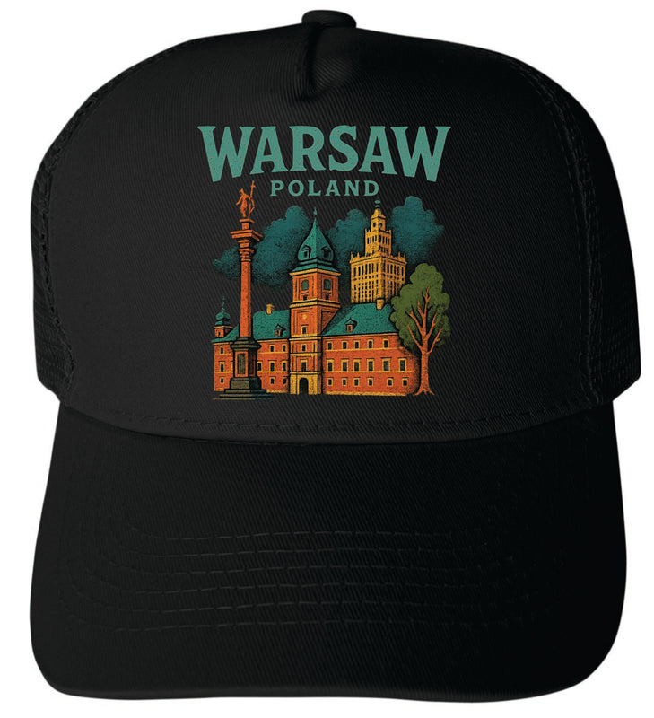 Warsaw Poland Vintage Design Black Unisex Mesh Back Trucker Hat with Adjustable Snapback Black
