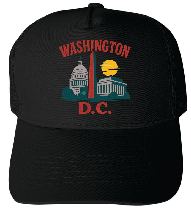 Washington DC Vintage Design Black Unisex Mesh Back Trucker Hat with Adjustable Snapback Black