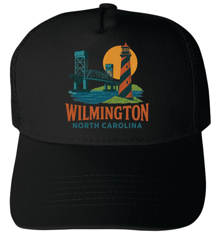 Wilmington North Carolina Vintage Design Black Unisex Mesh Back Trucker Hat with Adjustable Snapback Black