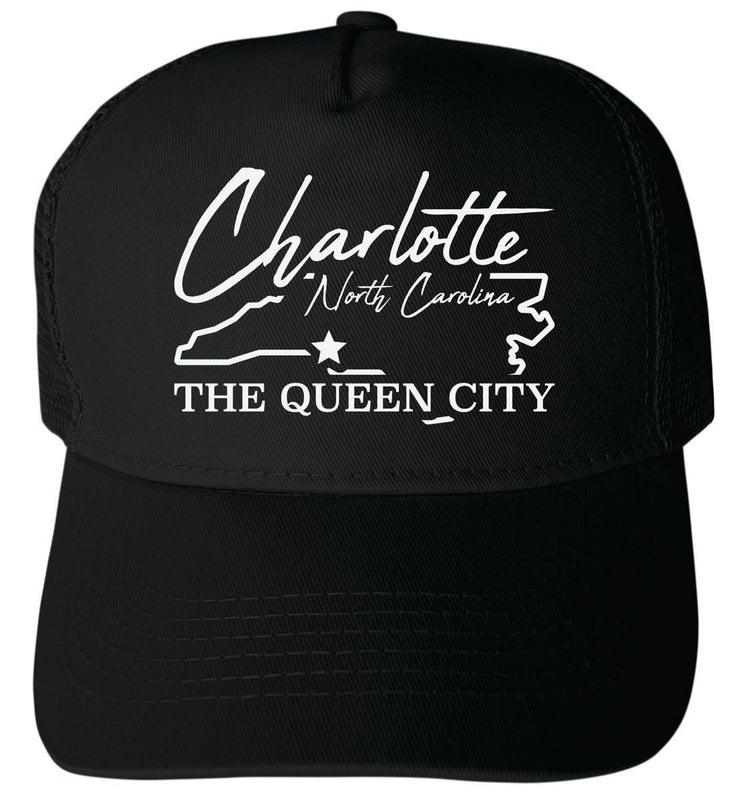 Charlotte North Carolina Design Black Unisex Mesh Back Trucker Hat – Adjustable Snapback with Silhouette Design Black
