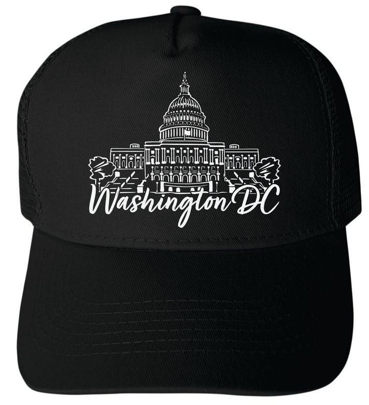 Washington DC Design 2 Black Unisex Mesh Back Trucker Hat – Adjustable Snapback with Silhouette Design Black