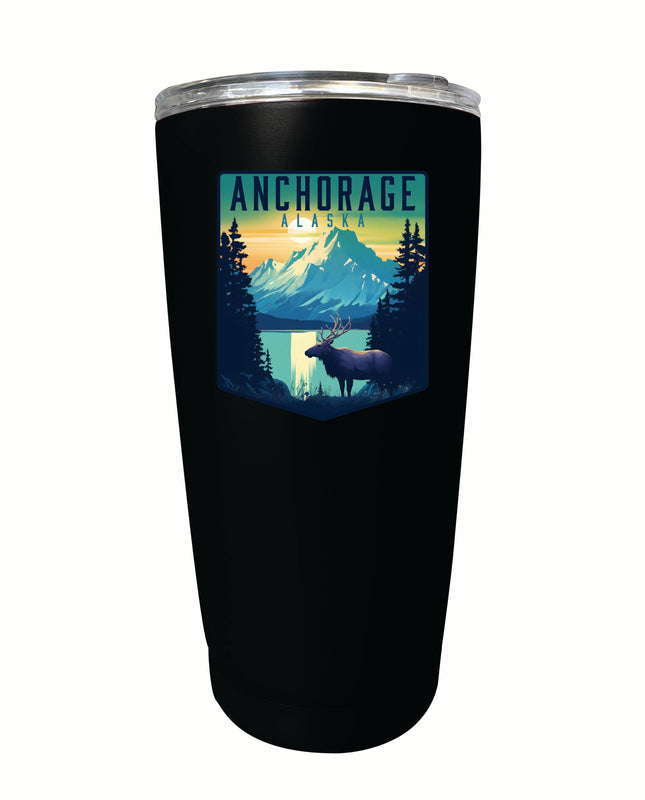 Anchorage Alaska Moose and Mountains Design Souvenir 16 oz Stainless Steel Insulated Tumbler Black Single