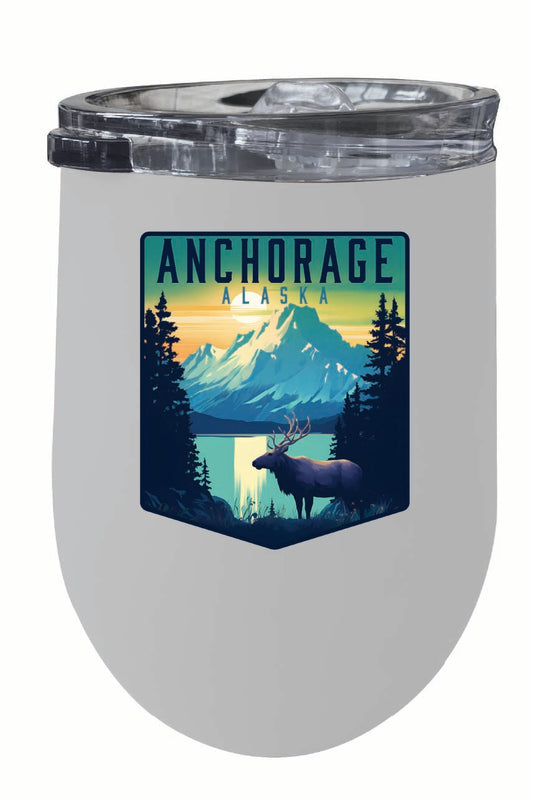 Anchorage Alaska Moose and Mountains Design Souvenir 12 oz Insulated Wine Stainless Steel Tumbler White Single