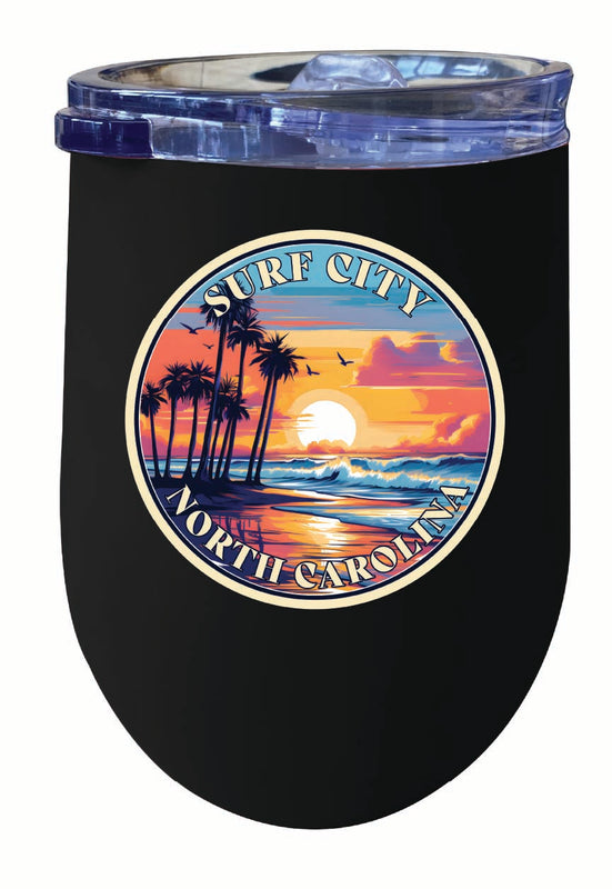 Surf City North Carolina Palm Sunset Design Souvenir 12 oz Insulated Wine Stainless Steel Tumbler Black 4-Pack