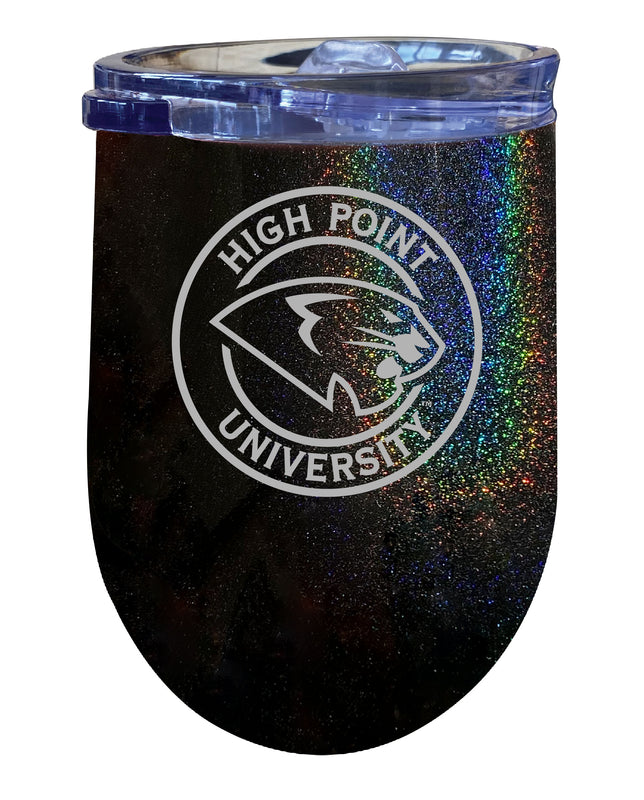 High Point University NCAA Laser-Etched Wine Tumbler - 12oz Rainbow Glitter Black Stainless Steel Insulated Cup
