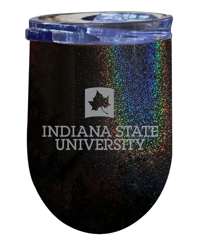 Indiana State University NCAA Laser-Etched Wine Tumbler - 12oz Rainbow Glitter Black Stainless Steel Insulated Cup