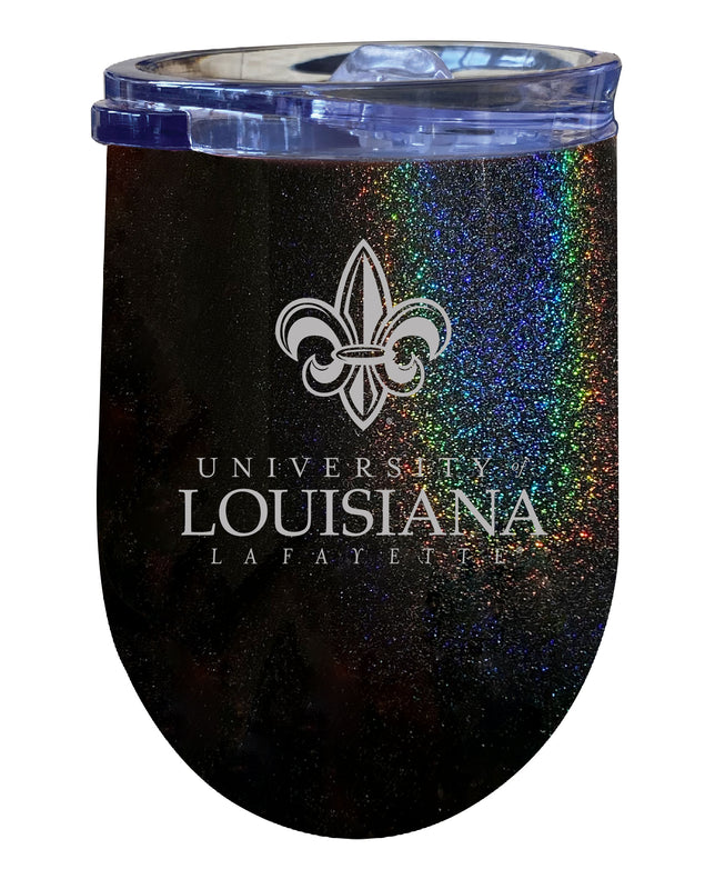 Louisiana at Lafayette NCAA Laser-Etched Wine Tumbler - 12oz Rainbow Glitter Black Stainless Steel Insulated Cup