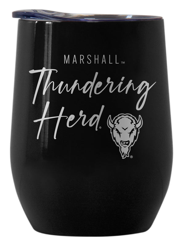 Marshall Thundering Herd Officially Licensed 12 oz Engraved Insulated Wine Stainless Steel Tumbler Black