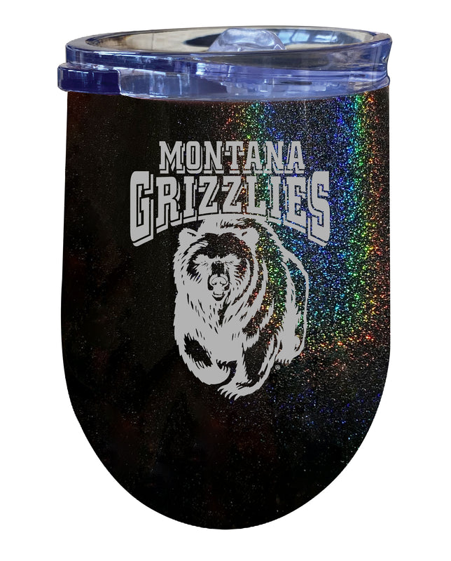 Montana University NCAA Laser-Etched Wine Tumbler - 12oz Rainbow Glitter Black Stainless Steel Insulated Cup