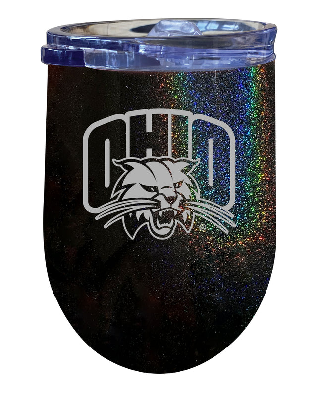 Ohio University NCAA Laser-Etched Wine Tumbler - 12oz Rainbow Glitter Black Stainless Steel Insulated Cup