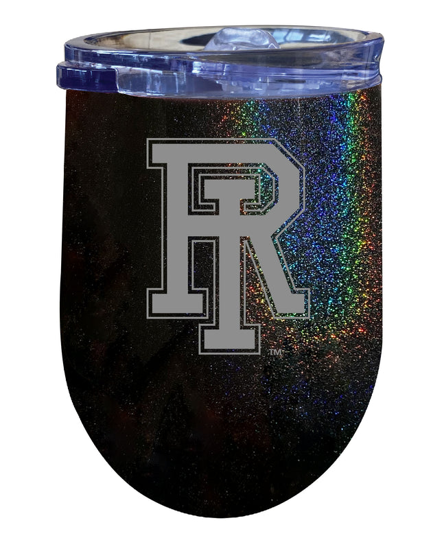 Rhode Island University NCAA Laser-Etched Wine Tumbler - 12oz Rainbow Glitter Black Stainless Steel Insulated Cup