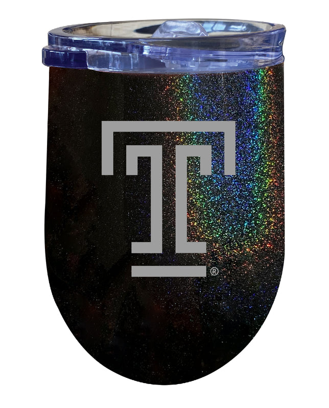 Temple University NCAA Laser-Etched Wine Tumbler - 12oz Rainbow Glitter Black Stainless Steel Insulated Cup