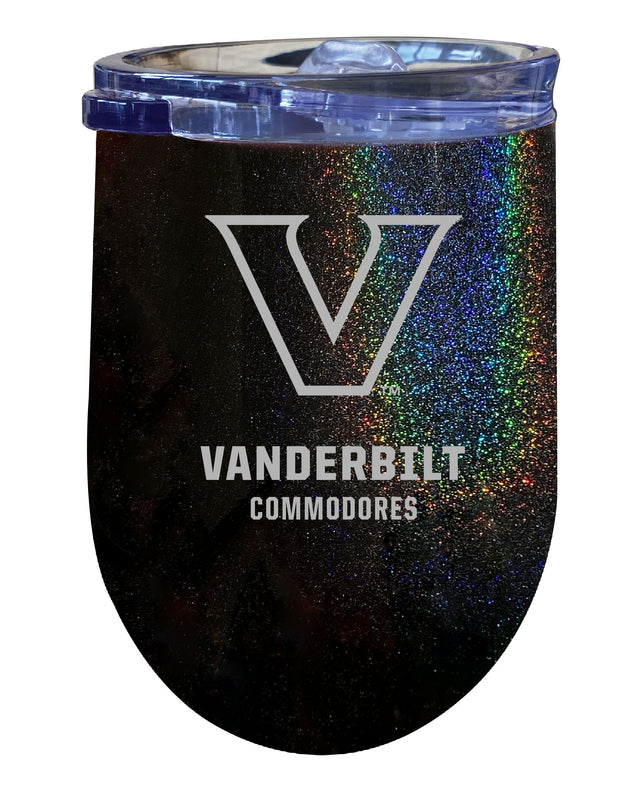 Vanderbilt University NCAA Laser-Etched Wine Tumbler - 12oz Rainbow Glitter Black Stainless Steel Insulated Cup