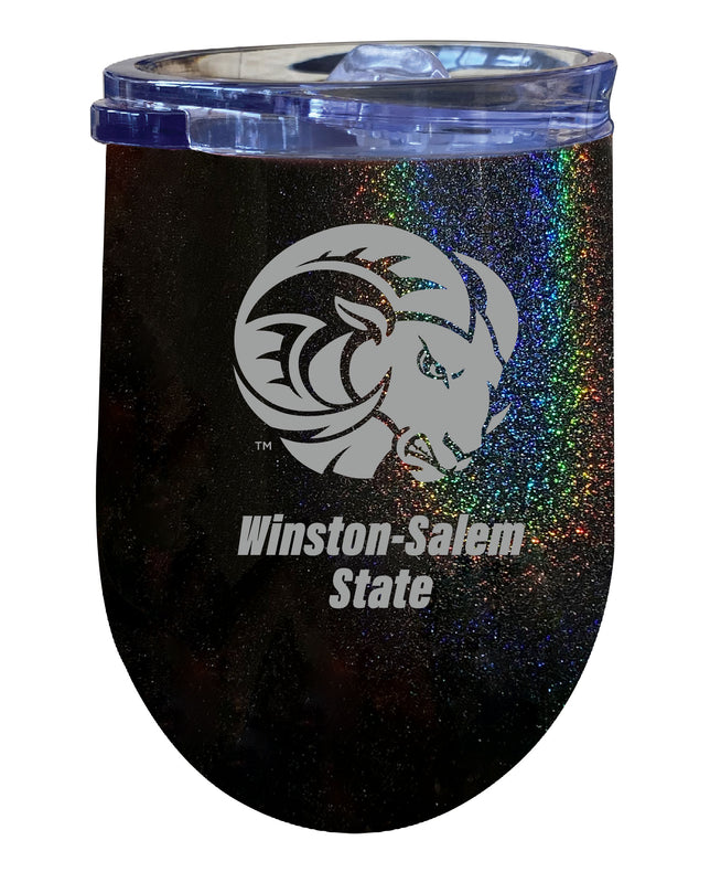 Winston-Salem State NCAA Laser-Etched Wine Tumbler - 12oz Rainbow Glitter Black Stainless Steel Insulated Cup