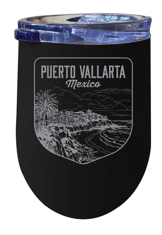 Puerto Vallarta Mexico Souvenir 12 oz Engraved Insulated Wine Stainless Steel Tumbler Black 2-Pack