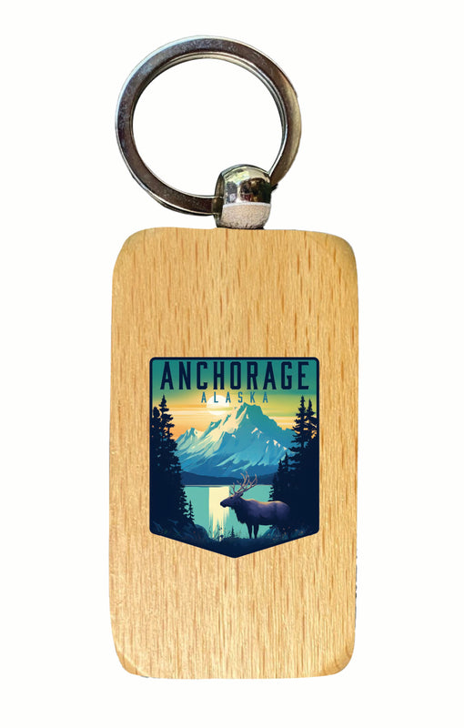 Anchorage Alaska Moose and Mountains Design Souvenir 2.5x1-Inch Souvenir Wooden Keychain 4-Pack