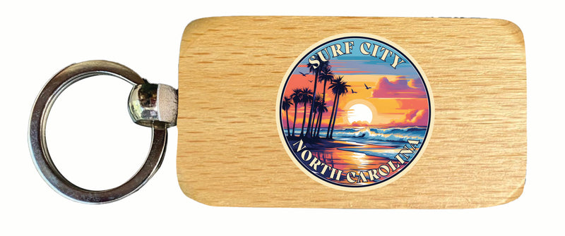 Surf City North Carolina Palm Sunset Design Souvenir 2.5x1-Inch Souvenir Wooden Keychain 2-Pack