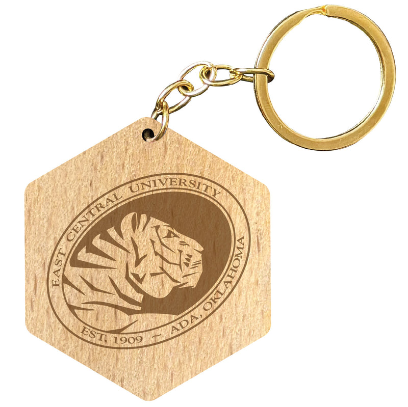 East Central University Tigers 2" Engraved Wooden Hexagon Keychain Officially Licensed Collegiate Product Single