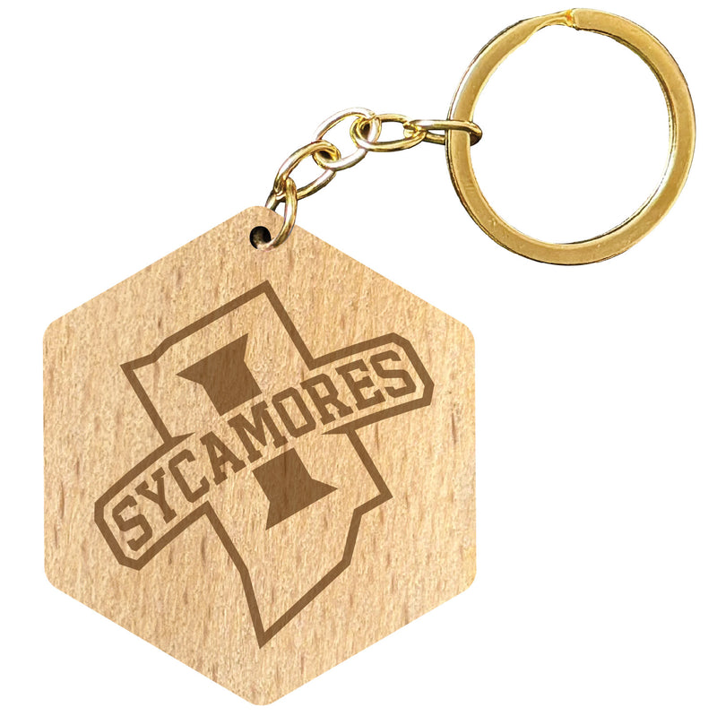 Indiana State University 2" Engraved Wooden Hexagon Keychain Officially Licensed Collegiate Product 4-Pack