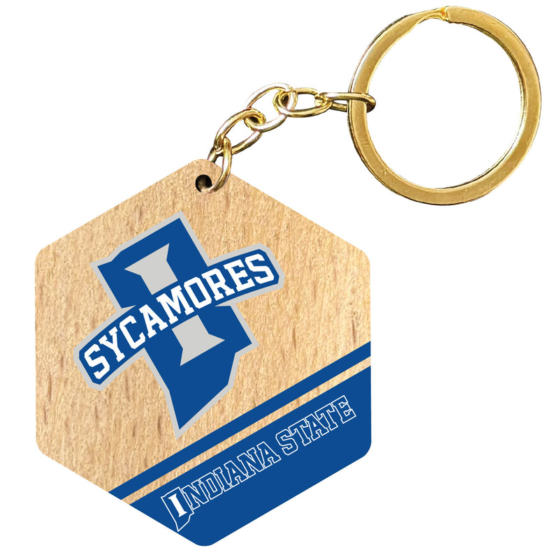 Indiana State University 2" Wooden Hexagon Keychain Officially Licensed Collegiate Product 4-Pack