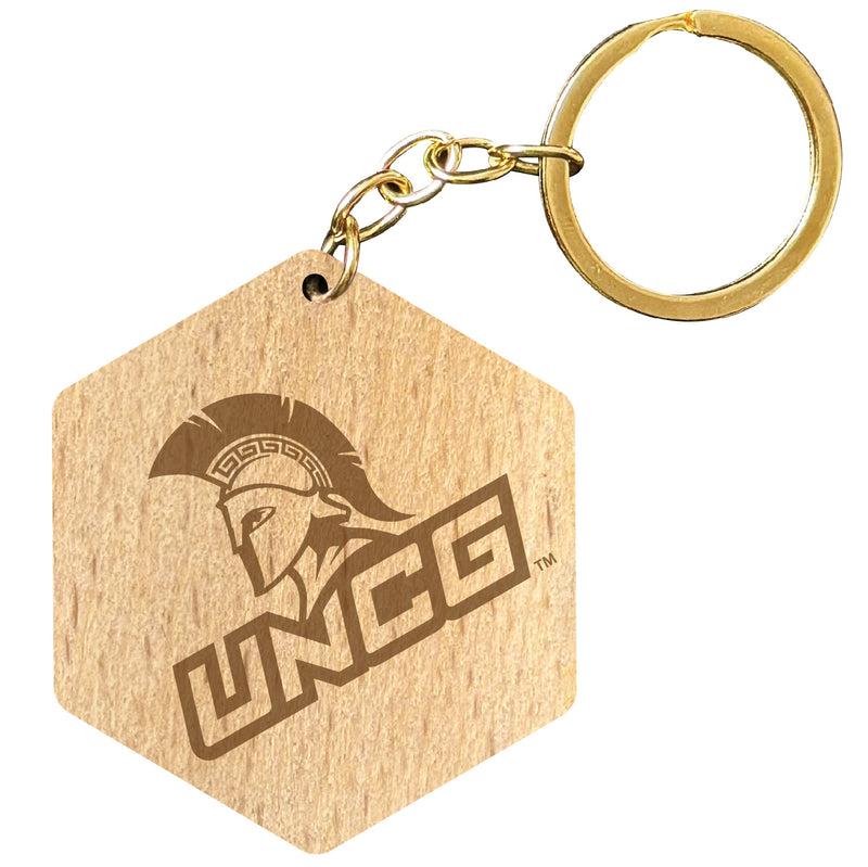 North Carolina Greensboro Spartans 2" Engraved Wooden Hexagon Keychain Officially Licensed Collegiate Product Single