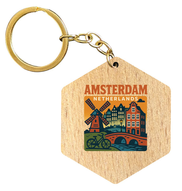 Amsterdam Netherlands Vintage Design Souvenir Flat Wooden Keychain (Multiple Shapes)