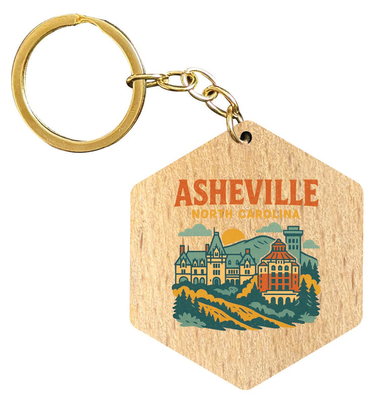 Asheville North Carolina Vintage Design Souvenir Flat Wooden Keychain (Multiple Shapes)