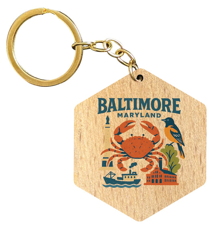 Baltimore Maryland Vintage Design Souvenir Flat Wooden Keychain (Multiple Shapes)