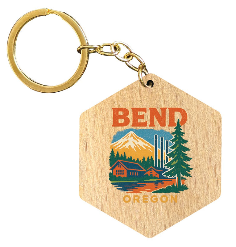Bend Oregon Vintage Design Souvenir Flat Wooden Keychain (Multiple Shapes)